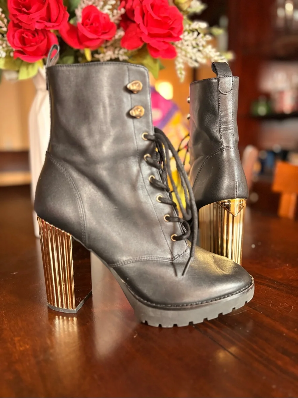 Michael Kors Black Leather Lace Up Ankle Boots Gold Block Heel Size 8 NWOT